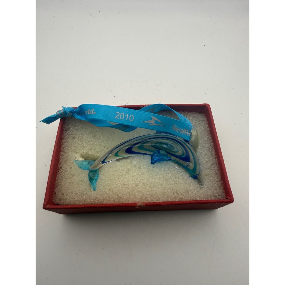 SeaWorld 2010 Blue White Swirl Hand Blown Glass Dolphin Ornament Souvenir
